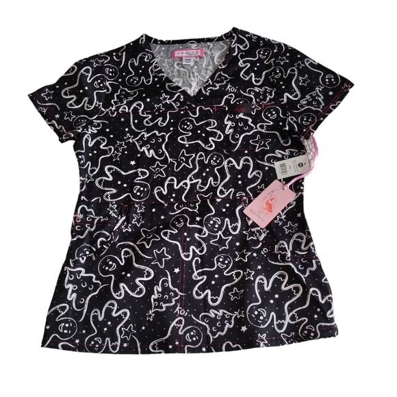 NWT Koi By Kathy Peterson Size XXS Black Metallic Gingerbread Alice Scrub Top - Picture 1 of 16